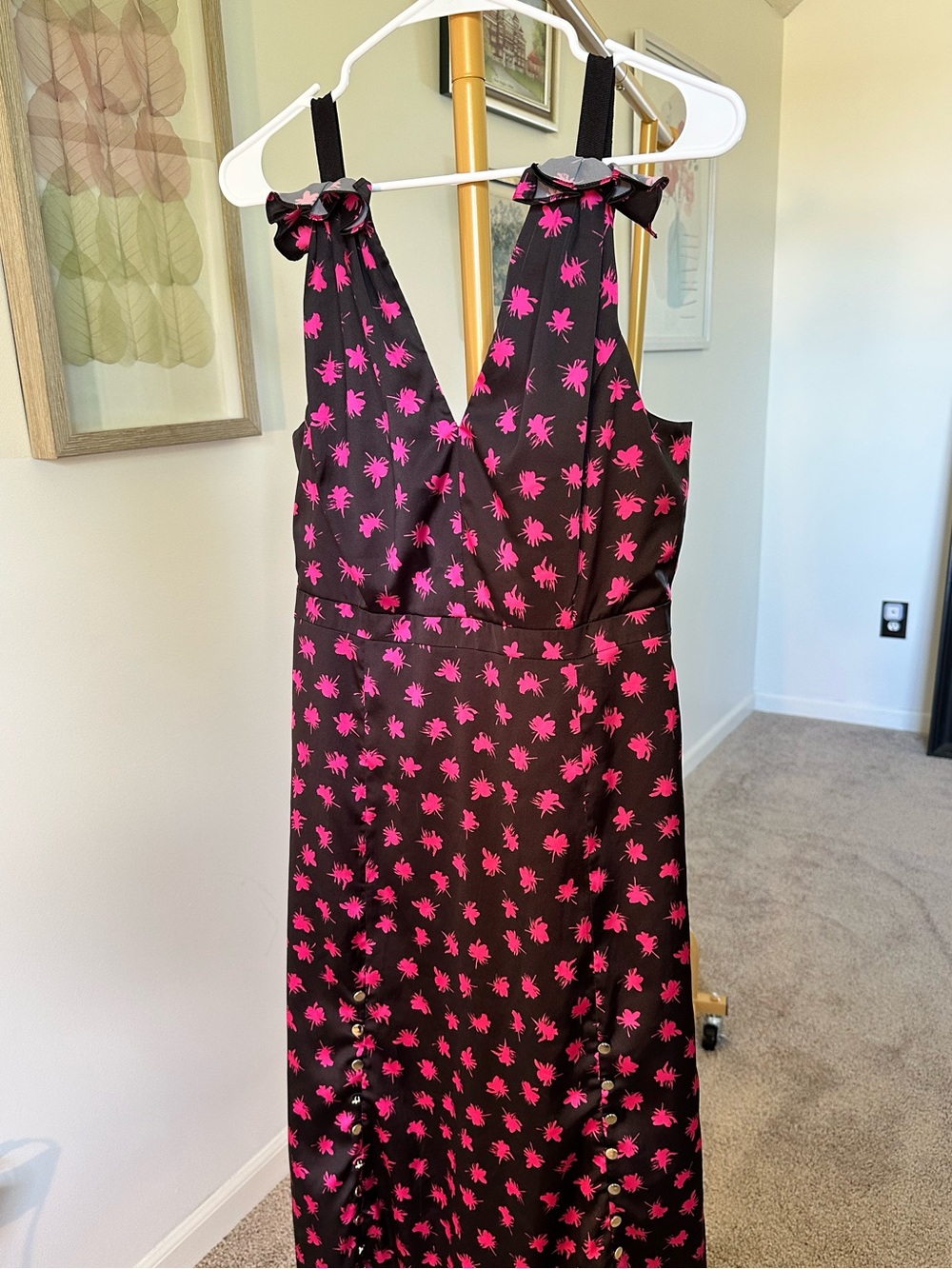 Prabal Gurung Black Midi Dress with Hot Pink Palm Print - Size 8